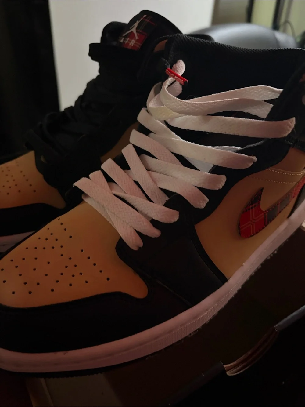 Kids High-Top Sneakers in Black, Cream & Red Plaid